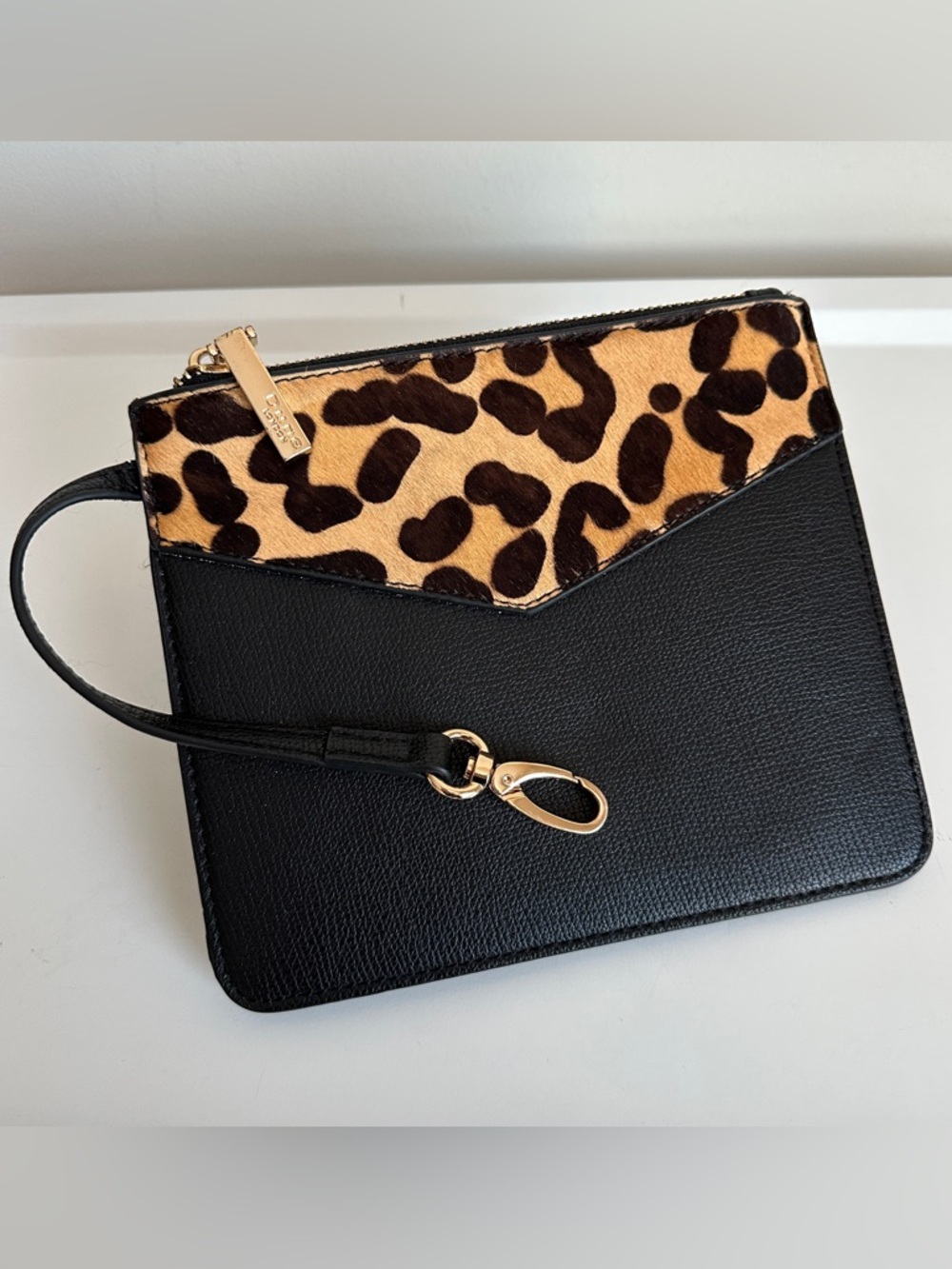 Dune London Leopard Calfhair Leather Trim Zippered Pouch Clip On
